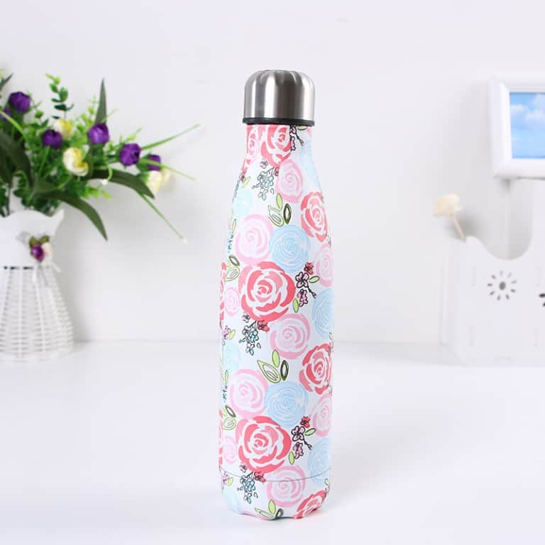Grand Thermos Vintage émaillé Rose à Fleurs - Marque Thermos