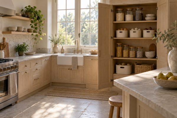 Une cuisine lumineuse avec des placards en bois ouverts et des étagères organisées pour le rangement des bocaux et boîtes.