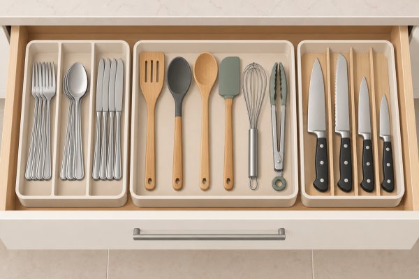 Tiroirs d’un meuble de cuisine avec des couverts et ustensiles bien rangés sur des plateaux en bois.